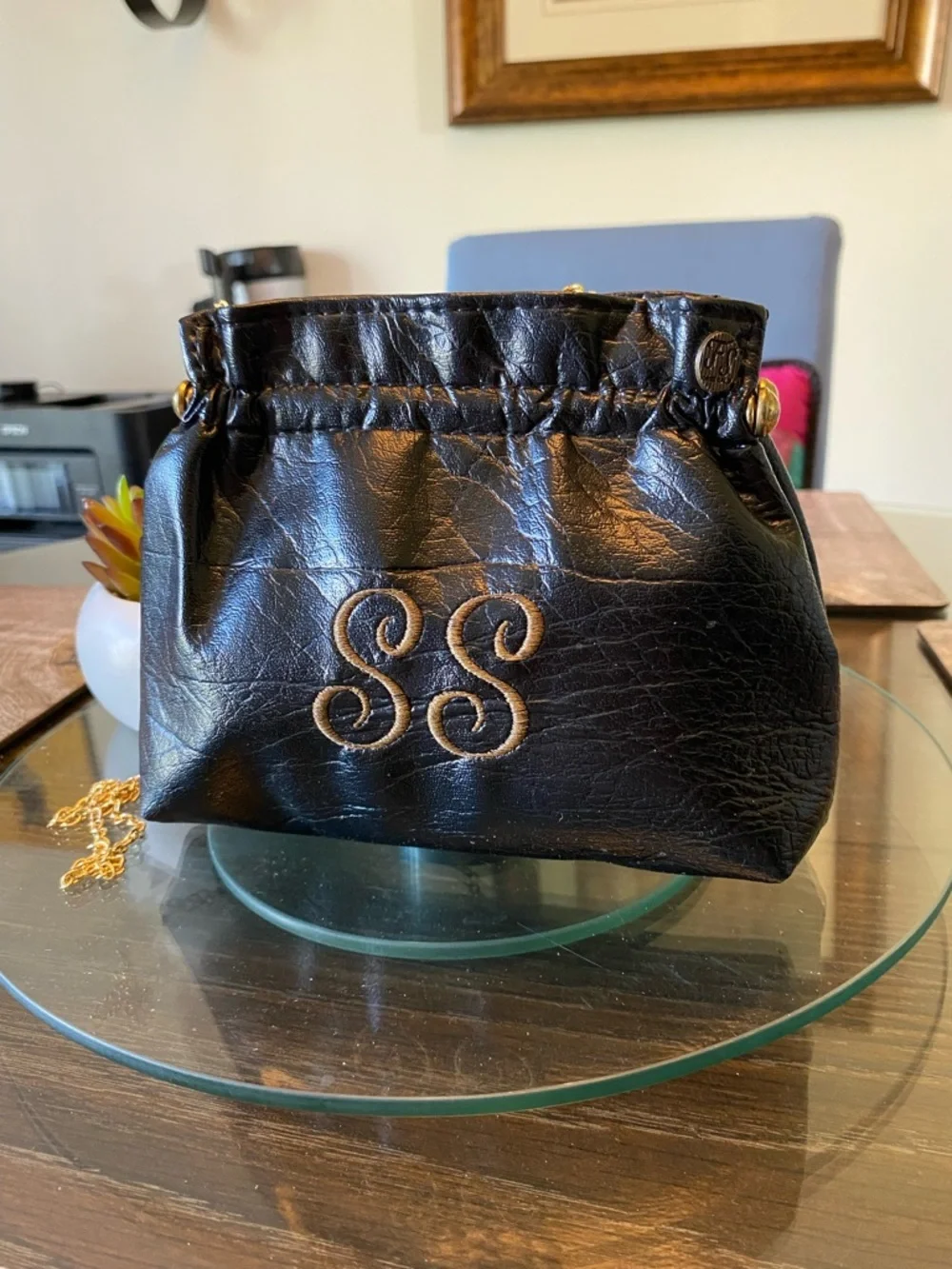Vintage 60s Black Vinyl Clutch: Monogrammed Chain Handle Purse